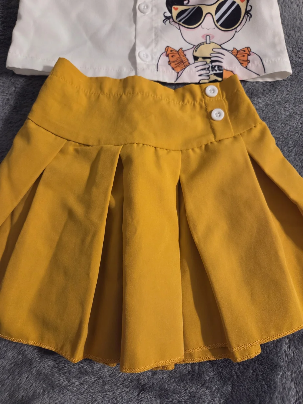 Girls White Graphic Crop Shirt with Mustard Yellow Pleated Skirt Set
